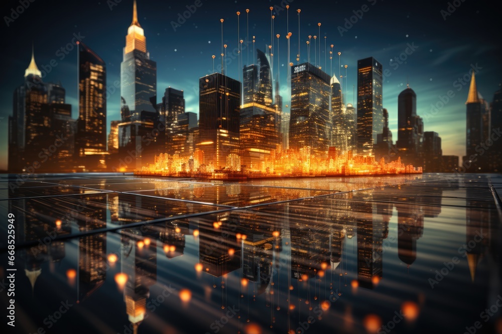 Double exposure of business chart and cityscape background 