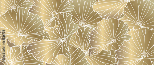 Abstract luxury botanical background with golden water lily leaves. Gold vector background for decor, wallpaper, covers and presentations.