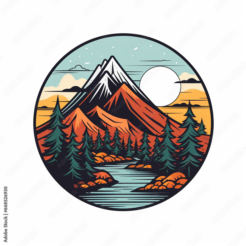 Mountain landscape with lake and forest. Vector illustration in retro style.