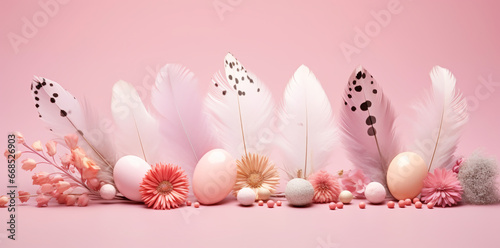 pink easter eggs with feathers and flowers