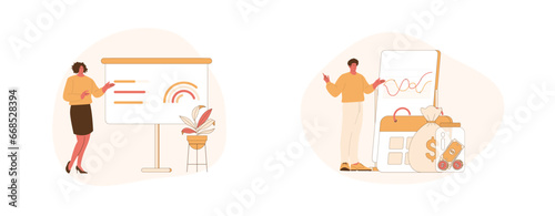 Financial Analysis and Work Reporting. Flat Cartoon Vector Illustration.