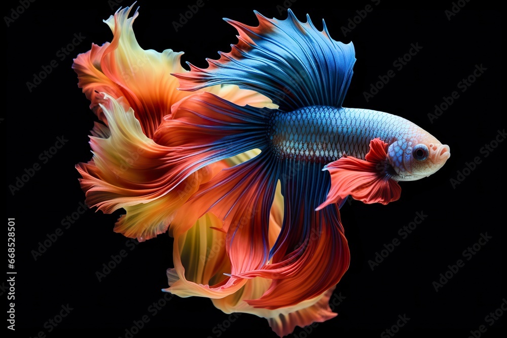 Siamese fish with flower tails and fins. Colorful floral fighting betta fish isolated on black Siamese fish with flower tails and fins. Colorful floral fighting betta fish isolated on black