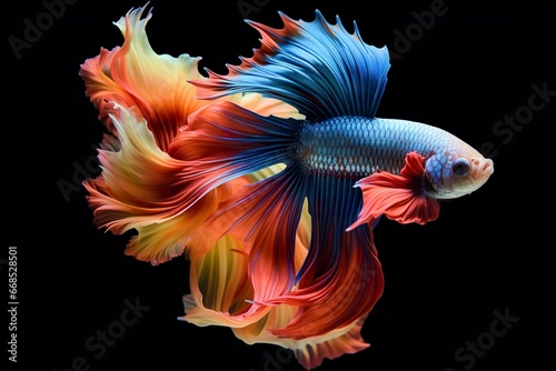 Siamese fish with flower tails and fins. Colorful floral fighting betta fish isolated on black