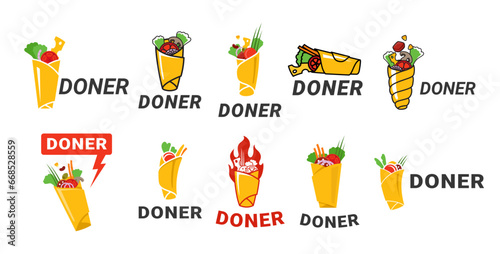 Shawarma and doner kebab Turkish Arabian traditional fast food logo design template set vector flat