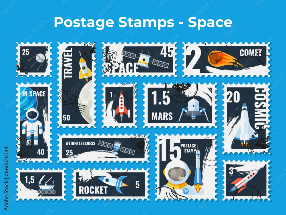 Obraz premium Vintage post mark postage stamp with space cosmos travel comet design template set vector