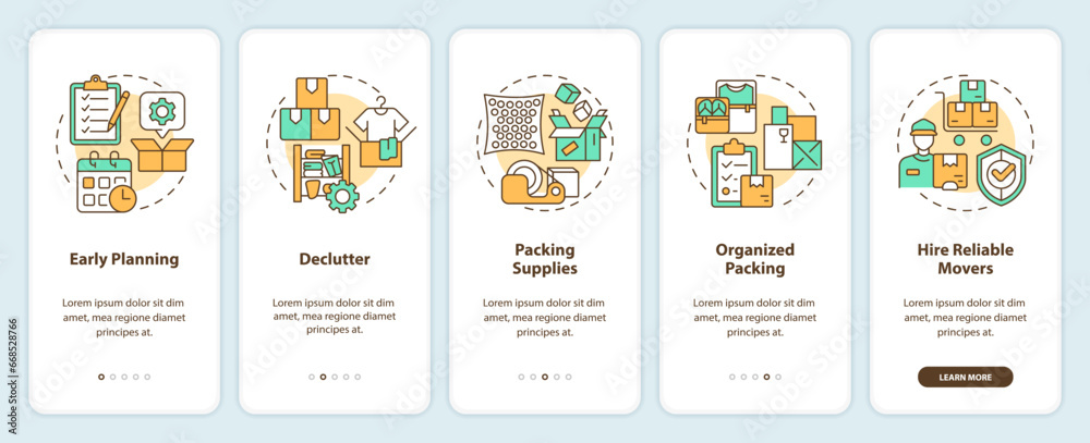 2D icons representing moving service mobile app screen set. Walkthrough 5 steps colorful graphic instructions with thin line icons concept, UI, UX, GUI template.