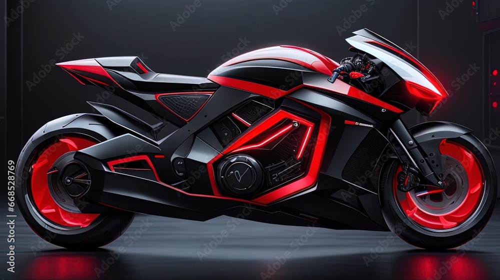 3d rendering of a black sport bike with red lights on a black background.