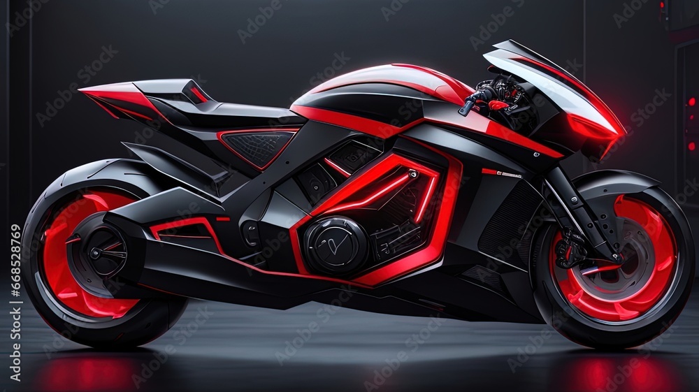 3d rendering of a black sport bike with red lights on a black background. 3d rendering of a black sport bike with red lights on a black background.