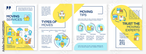2D colorful moving service brochure template, leaflet design with thin linear icons, 4 vector layouts.