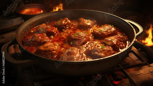 Sizzling meatballs in a rich tomato sauce.