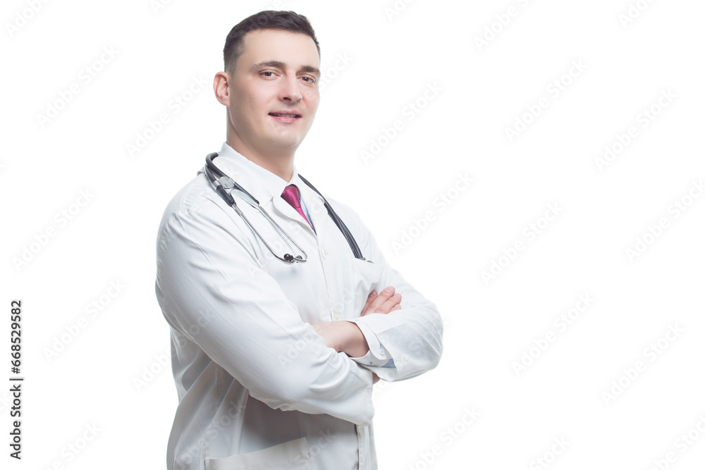 Medicine Concepts. Portrait of Positive Professional Confident Male GP Doctor Posing in Doctor's Smock And Endoscope And Hands Folded In Front. Medicine Concepts. Portrait of Positive Professional Confident Male GP Doctor Posing in Doctor's Smock And Endoscope And Hands Folded In Front.