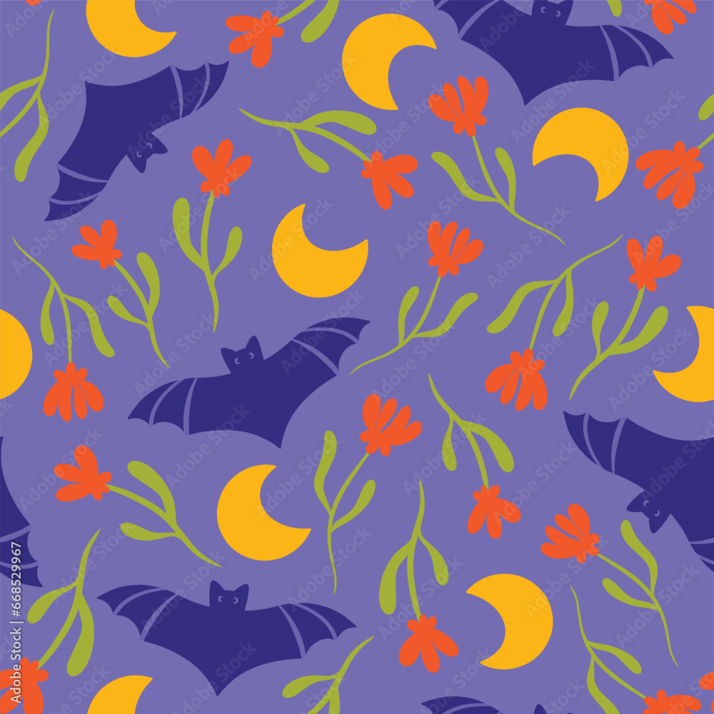 Halloween bats and flowers seamless pattern