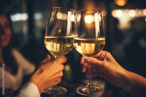 Group of friends toasting white wine at a dinner party in a restaurant