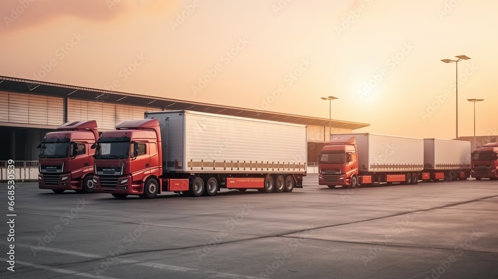Trailer parked at warehouse warehouse Freight transport, container truck, loading, distribution warehouse Freight truck transporting goods Warehouse logistics Trailer parked at warehouse warehouse Freight transport, container truck, loading, distribution warehouse Freight truck transporting goods Warehouse logistics