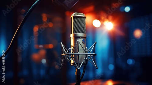 Studio condenser microphone. Microphone on anti-vibration live recording with side view colored light background. microphone record, music business equipment. Generative AI