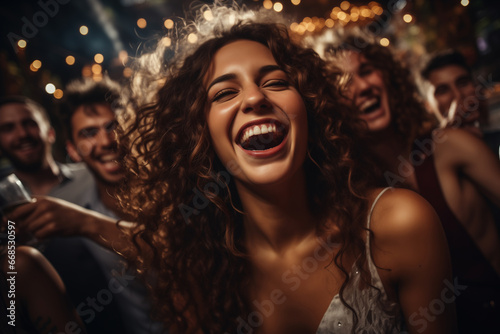 group of young cheerful people celebrating new year at a party