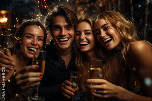group of young cheerful people celebrating new year at a party