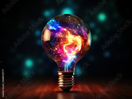 Imaginative light bulb with galaxies glowing inside