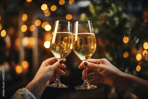 two female hands holding glasses of champagne