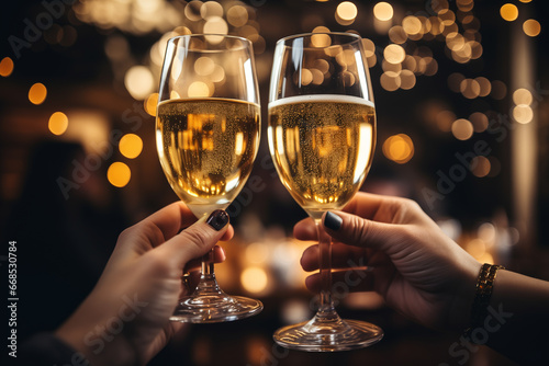 two female hands holding glasses of champagne