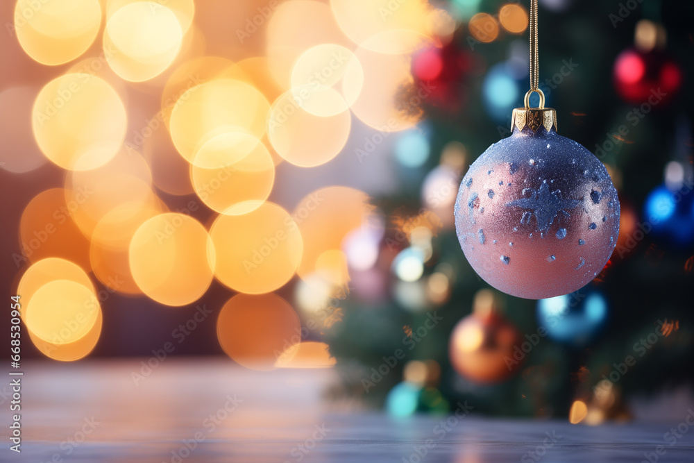 Fototapeta premium Christmas tree decorations on a Christmas tree branch, close-up