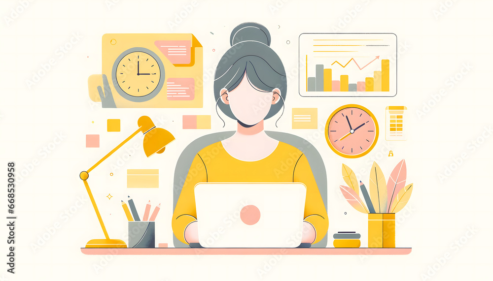 Graphic art of a woman working at a computer, generated by AI. Graphic art of a woman working at a computer, generated by AI.
