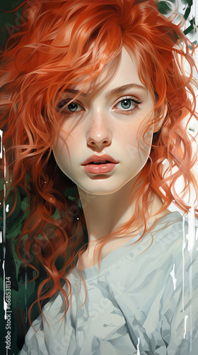 Portrait of a beautiful red-haired girl in a white shirt.