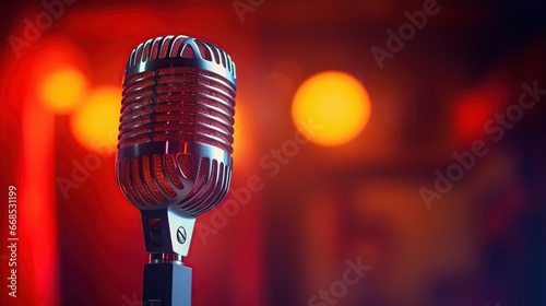 Close-up of Retro microphone on bokeh lights background, Retro Mic With Defocused Abstract Background. Generative AI