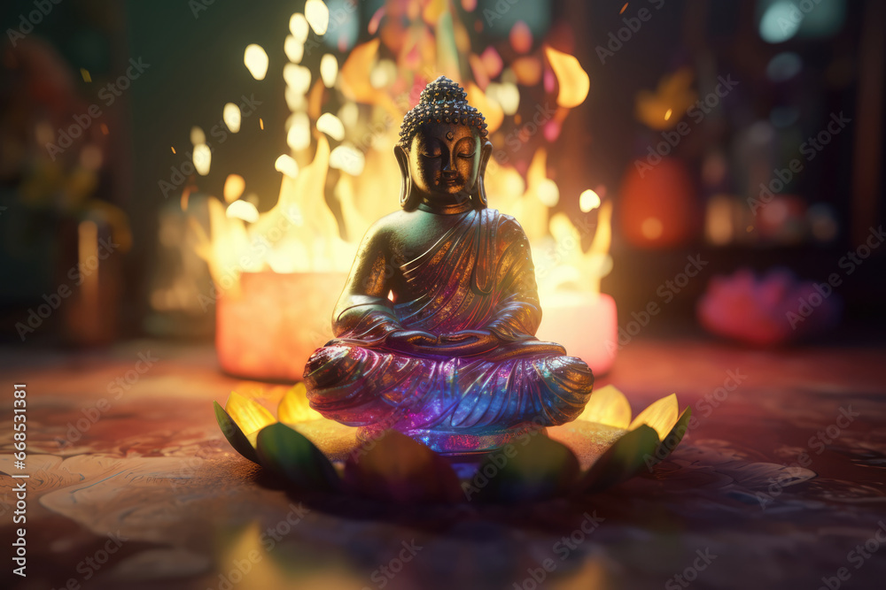 Buddha statuette and candle flame. Buddha Purnima, Vesak day. Buddha figurine on a table - obrazy, fototapety, plakaty 