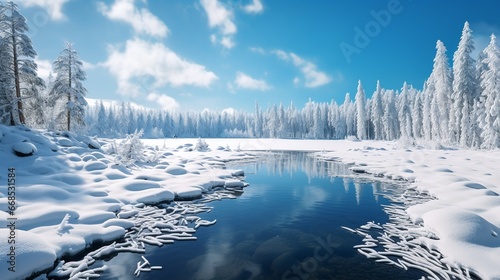 Frozen Lake Amidst Snow-Covered Pines