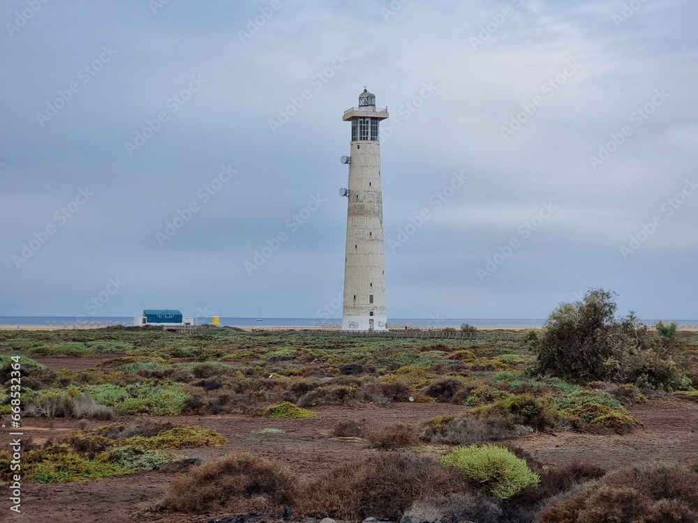 A tall lighthouse on the Spanish island of Fuerteventura