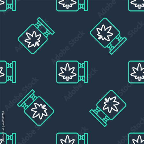 Line Marijuana and cannabis store icon isolated seamless pattern on black background. Equipment and accessories for smoking, storing medical cannabis. Vector