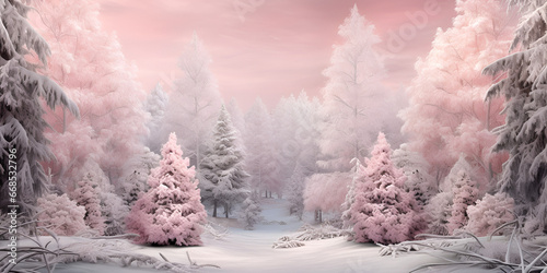 Winter forest landscape tall trees under snow cover  pink and white tree in the chirstmas background © Haleema