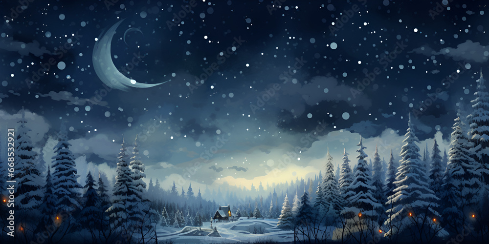 A snowy landscape with a forest and moonlit night stars a snowy mountain in the night chirstmas background - obrazy, fototapety, plakaty 