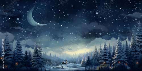 A snowy landscape with a forest and moonlit night stars a snowy mountain in the night chirstmas background © Haleema