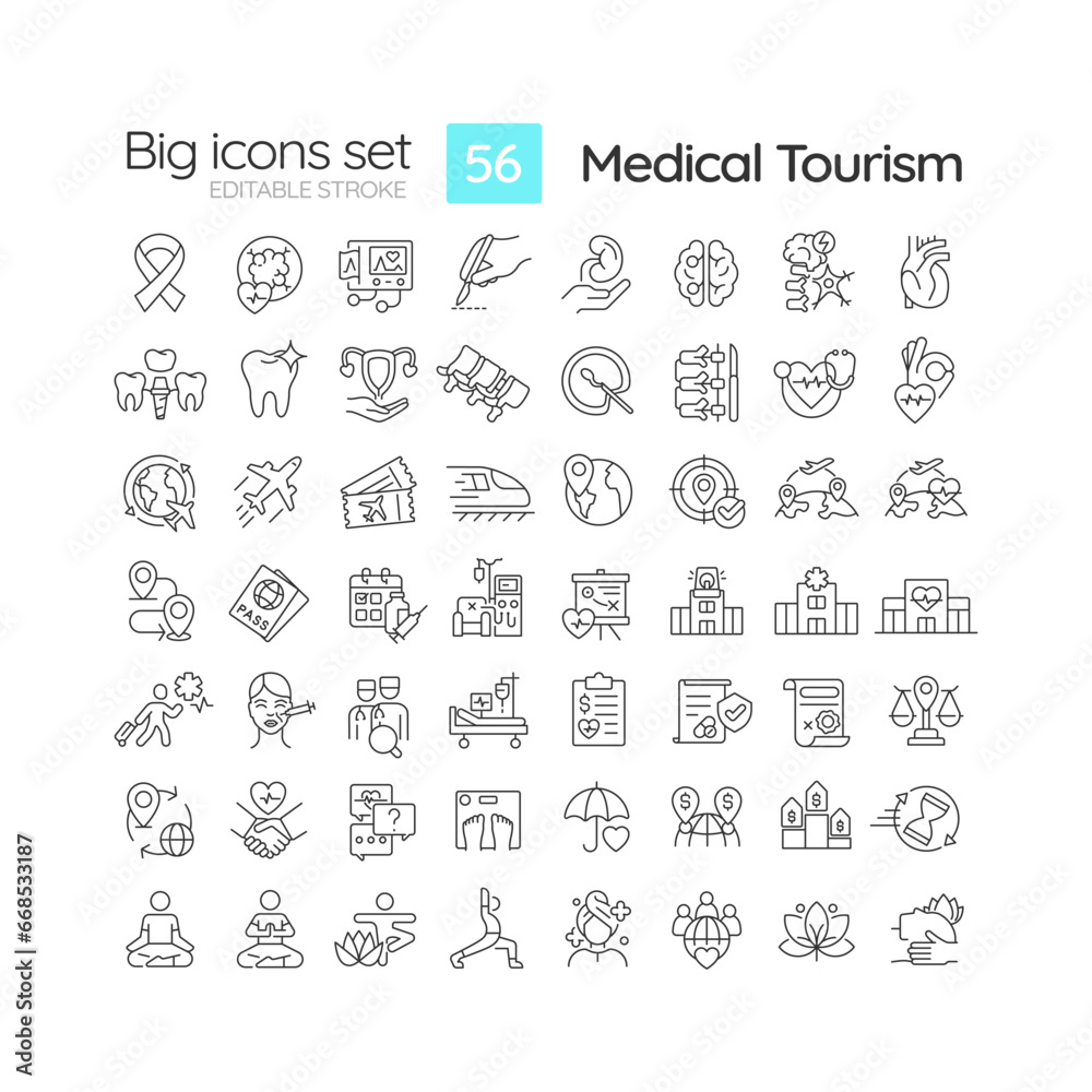 2D editable black big thin line icons set representing medical tourism, isolated simple vector, linear illustration.
