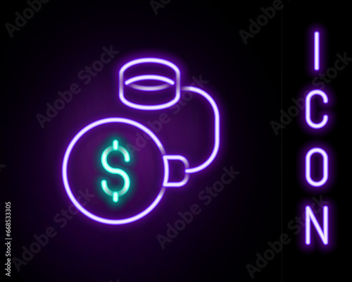 Glowing neon line Debt ball chained to dollar coin icon isolated on black background. Big heavy debt weight with shackles and money. Financial crime, fee, crisis. Colorful outline concept. Vector