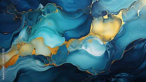 Alcohol ink marble blue textured background with golden splash. AI
