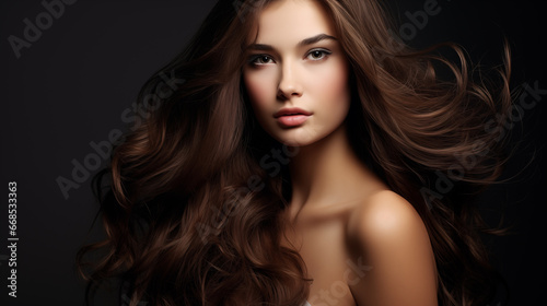 Portrait of a woman with beautiful brunette long hair. AI