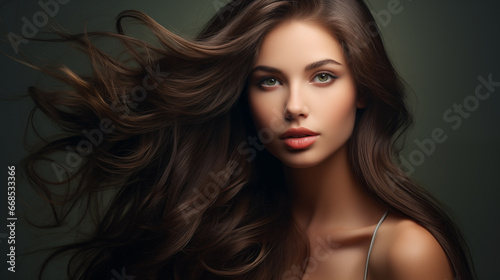 Portrait of a woman with beautiful dark long hair. AI