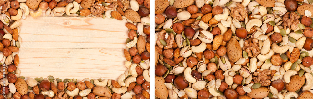 Mix of different nuts with copy space for your text. Top view Mix of different nuts with copy space for your text. Top view