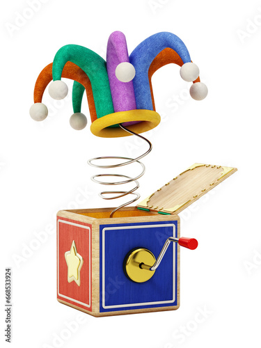 Joke surprise box with jester hat isolated on transparent background. 3D illustration