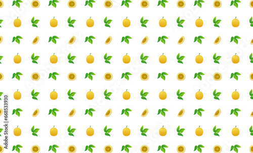 Fototapeta Naklejka Na Ścianę i Meble -  Passion fruit whole, leaf and slice seamless pattern.Beautiful vector seamless pattern with whole Passion fruit, leaves and  pieces. Doodles. Suitable for wallpaper,  surface textures, textile.