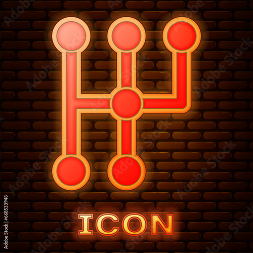 Glowing neon Gear shifter icon isolated on brick wall background. Transmission icon. Vector