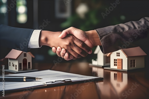 Bank agent shaking hands with client after signing mortgage contract for new house