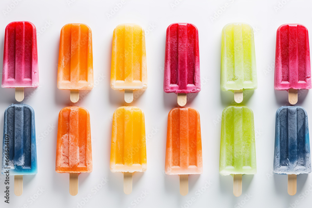 A striking, overhead shot of brightly coloured ice lollies A striking, overhead shot of brightly coloured ice lollies