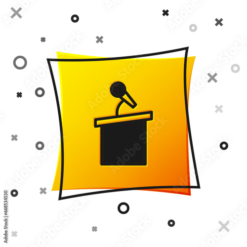 Black Stage stand or debate podium rostrum icon isolated on white background. Conference speech tribune. Yellow square button. Vector