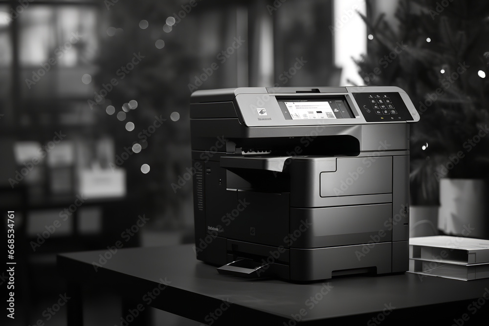 Multifunctional Monochrome Laser Photocopier on the wooden table with blur background Multifunctional Monochrome Laser Photocopier on the wooden table with blur background
