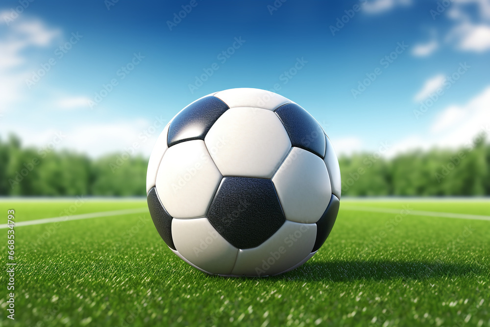 Fototapeta premium Outdoor soccer ball on sport court with green lawn, 3D rendered image