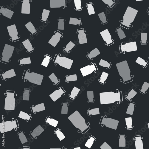 Grey Can container for milk icon isolated seamless pattern on black background. Vector